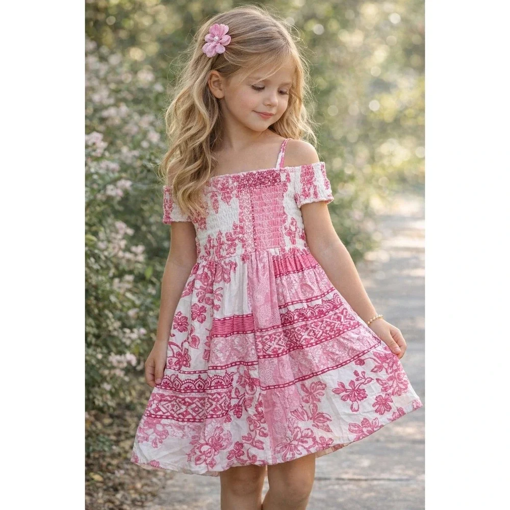 Girls Place Pink Floral Smocked Dress Off Shoulder Size 5/6 Summer